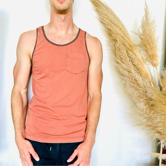 MENS SUN DIEGO Coral Brown Grey Contrast Two Tone Sleeveless Tank Top Pocket S - Picture 10 of 10
